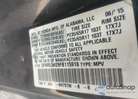 2015 Honda Odyssey Lx z USA, uszkodzony, nr VIN 5FNRL5H29FB115918